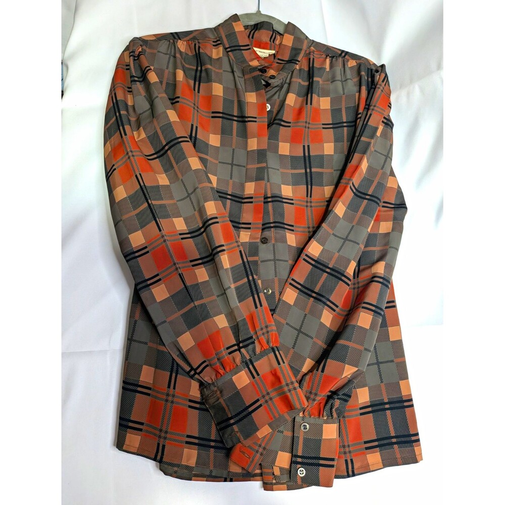 Lloyd Williams Gray/Orange Plaid Woven Mock Neck Long Sleeve Blouse 12